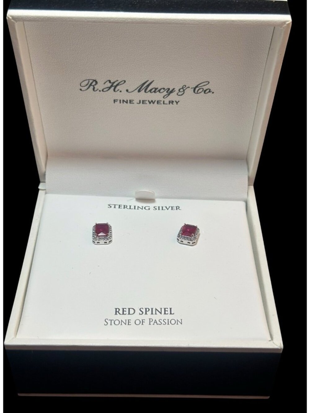 NIB Macy’s Sterling Silver Red Spinel Emerald Cut Halo Stud Earrings Boxed